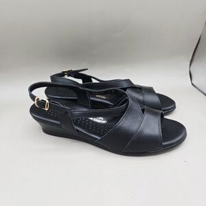 SAS Women Caress Cross Strap Wedge Sandal Shoes Black Leather Size 9 M